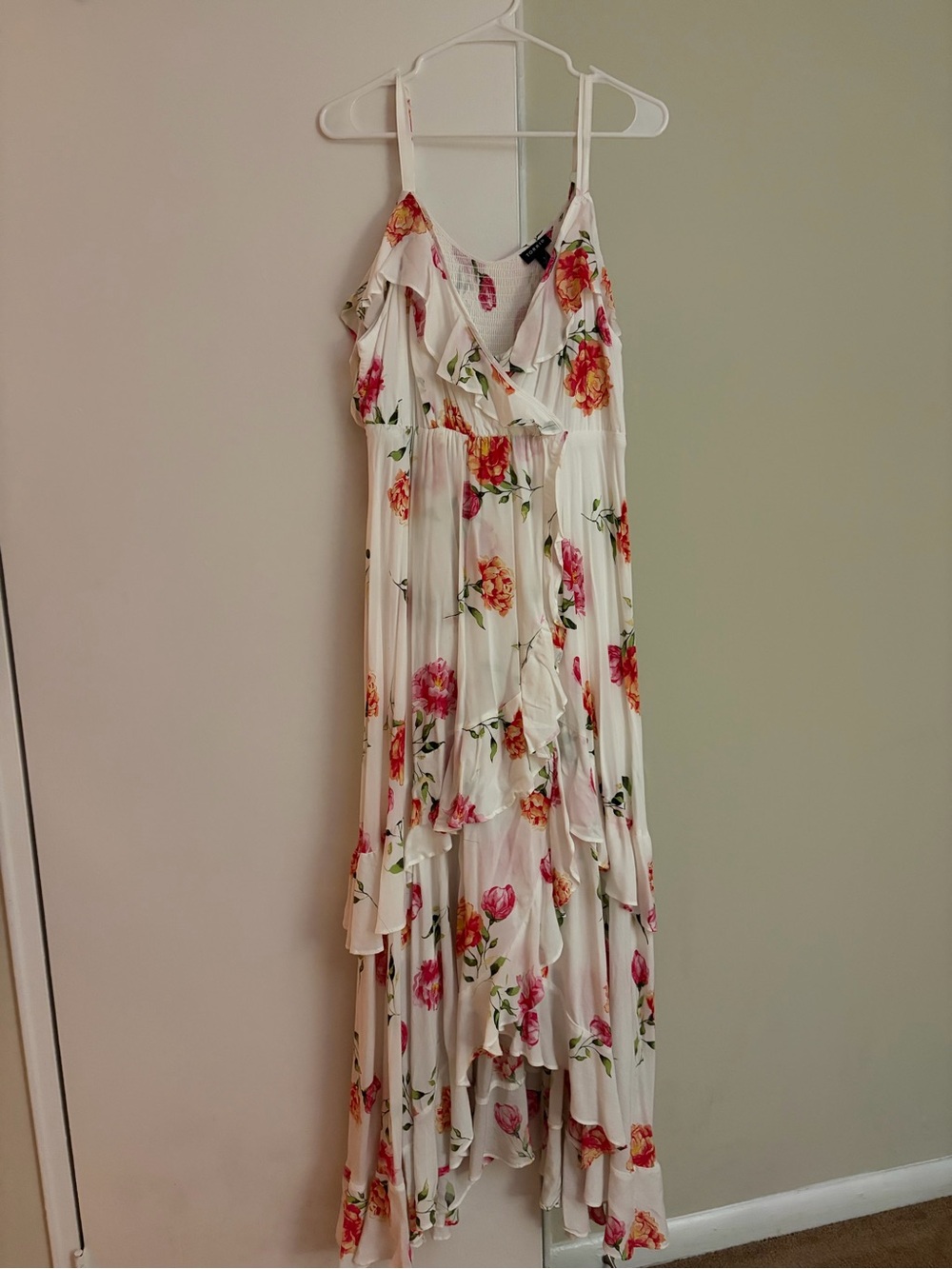 torrid White Floral Ruffle Maxi Dress with Pink & Orange Blooms